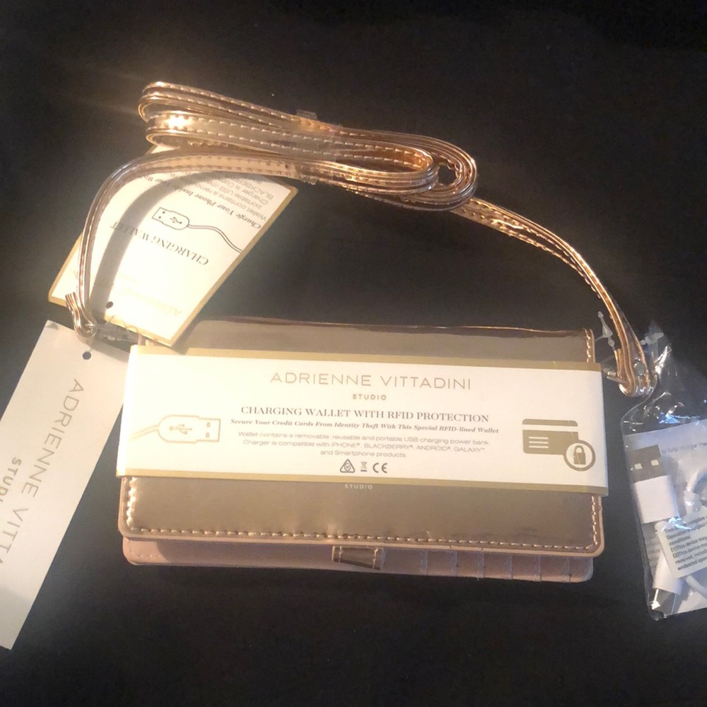 Adrienne Vittadini rose gold wallet/ shoulder strap charging wallet new